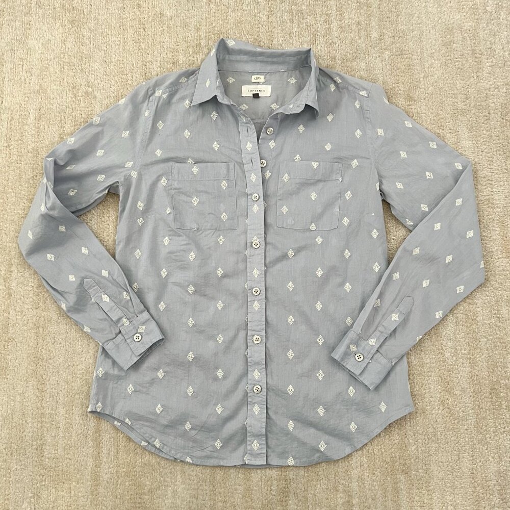 LOFT The Softened Shirt Blue Long Sleeve Button Up Cotton Top XS